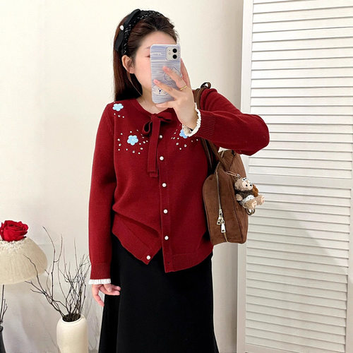 乃粒大码女装设计感绑带圆领上衣刺绣针织衫25冬款胖mm开衫23357