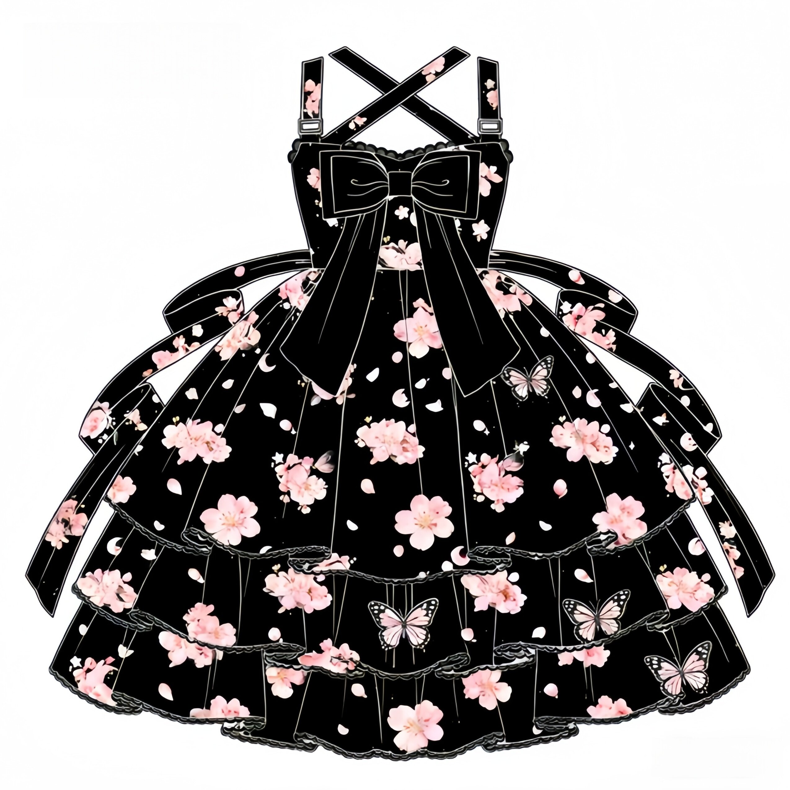 原创可爱公主风蝴蝶结JSK洛丽塔连衣裙黑色花朵蛋糕裙显瘦蓬蓬裙