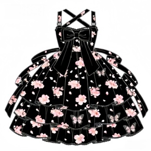 原创可爱公主风蝴蝶结JSK洛丽塔连衣裙黑色花朵蛋糕裙显瘦蓬蓬裙