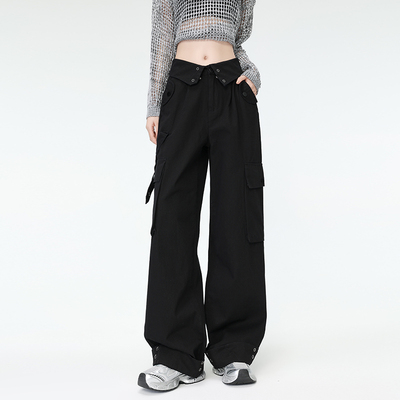 包边原版加工 美式工装裤女多口袋翻盖腰头直筒休闲裤子