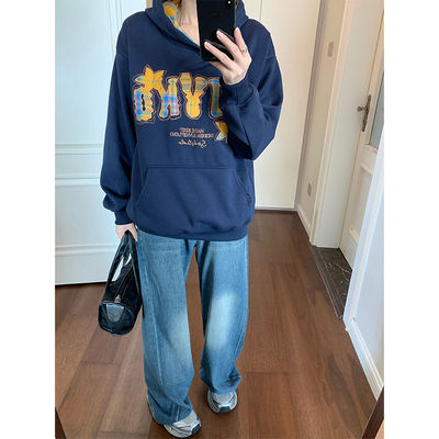 纯棉华棉复合真超卫衣女秋冬加绒加厚刺绣设计感连帽保暖上衣