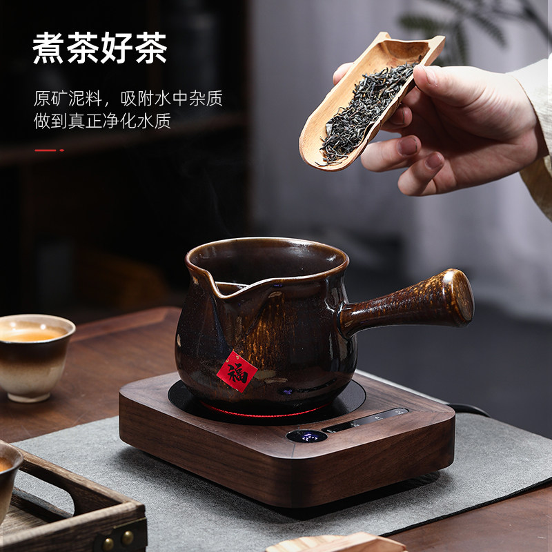 原矿陶侧把带盖烤茶罐