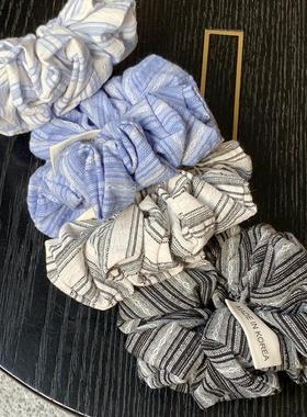 森系蓝色条纹大肠发圈超大 双层学院风低丸子头大肠圈盘发头花