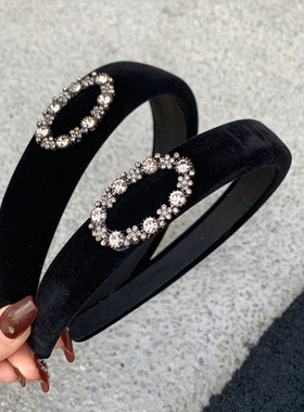 椭圆闪钻 黑色丝绒宽边发箍女款秋冬 法式复古高级感纯色头箍发饰