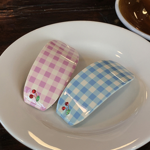 随意好搭 樱桃发夹女后脑勺高级感轻奢风夹子头饰弹簧夹 红蓝格