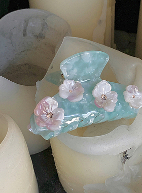 ins风镶钻冰蓝发抓 透粉花朵抓夹半扎发 适合发量少的鲨鱼夹小众