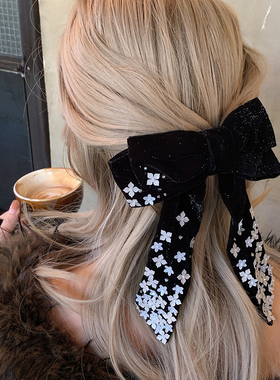 洋气碎花 黑色丝绒蝴蝶结发夹新款高级感轻奢风复古气质弹簧夹