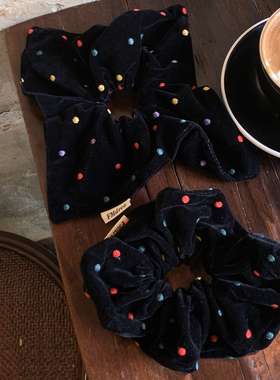 刺绣彩虹波点 黑色丝绒方巾发圈女高级感洋气时尚超大丸子头发饰