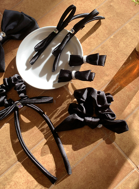 黑色系缎面发饰 小香风蝴蝶结珍珠发夹边夹侧边飘带低丸子头发圈