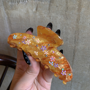 焦糖色油画 花朵抓夹大号发量大复古彩绘鲨鱼夹发抓 超级好看