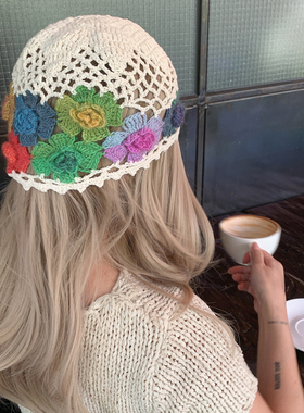 时尚民族风 彩色花朵包头帽镂空针织毛线帽子女款秋冬2026新款
