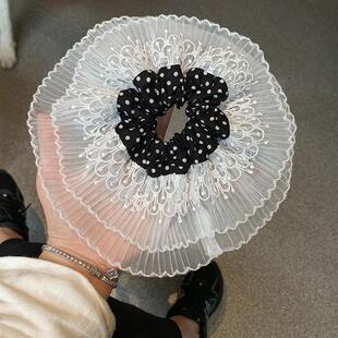 女高级感洋气时尚 丸子头大肠圈发饰 小香风蕾丝大肠发圈超大 法式