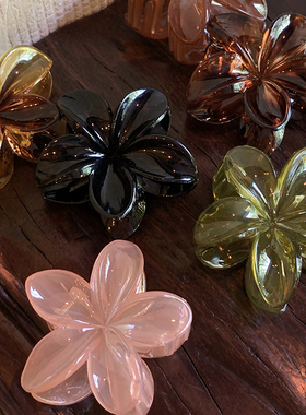 复古色花朵鲨鱼夹 晕染琥珀鸡蛋花抓夹半扎发少女度假风拍照发饰