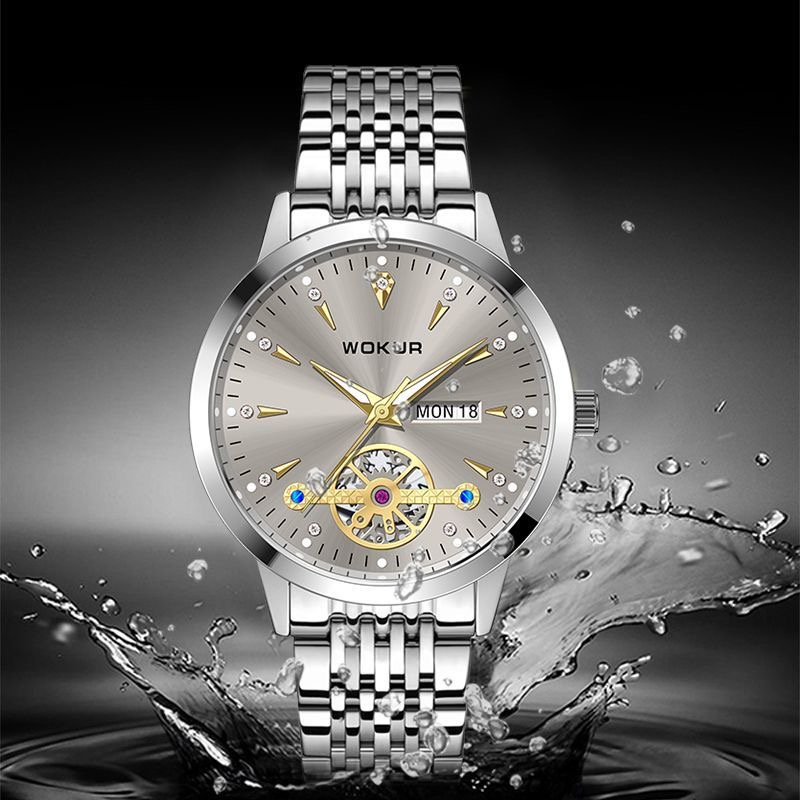 【表王】WOKUR手表时尚男表商务风防水夜光装饰摆轮仿机械表真钻