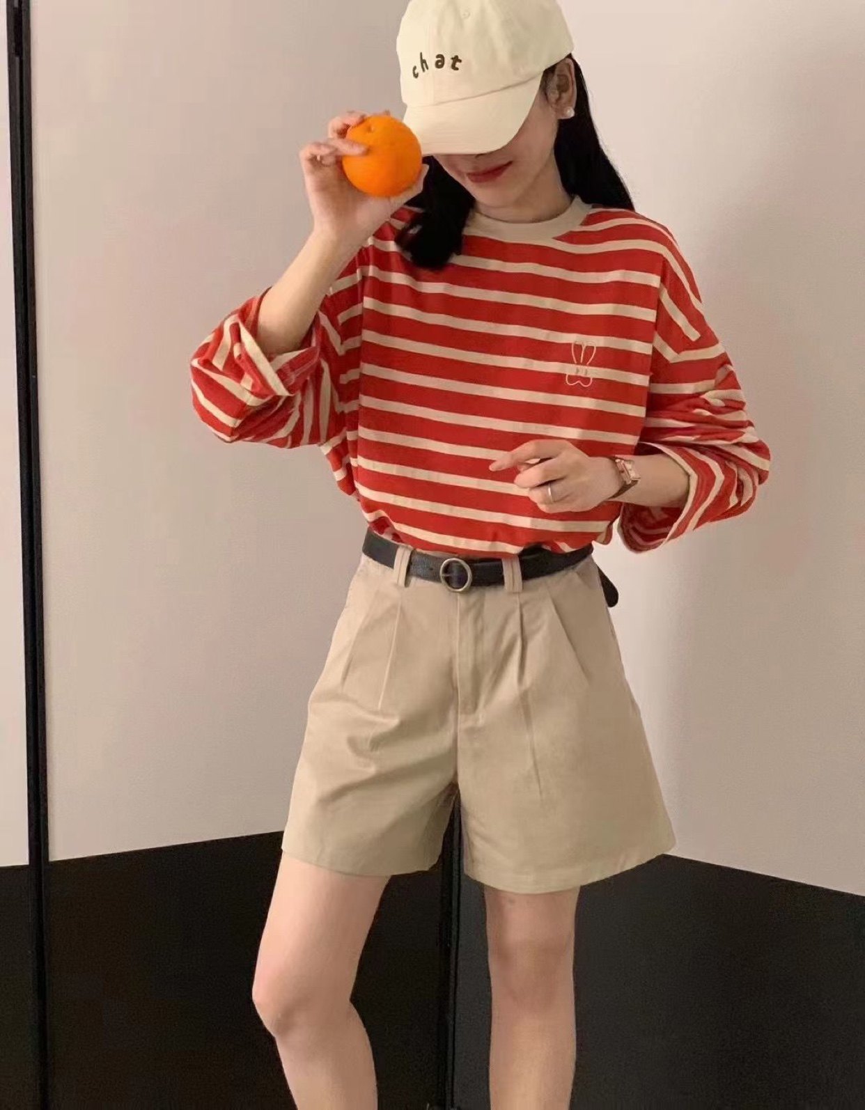 显白!早春新款宽松慵懒圆领长袖T恤刺绣小标橘色条纹衫女韩系上衣