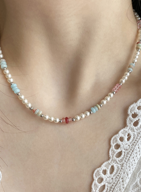 Aaim 彩色天然石夏季项链轻奢小众锁骨链高级感珍珠项链2025新款