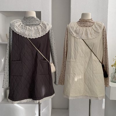 东大门欧货～花边拼接娃娃领背心裙女秋冬季叠穿无袖减龄连衣裙潮