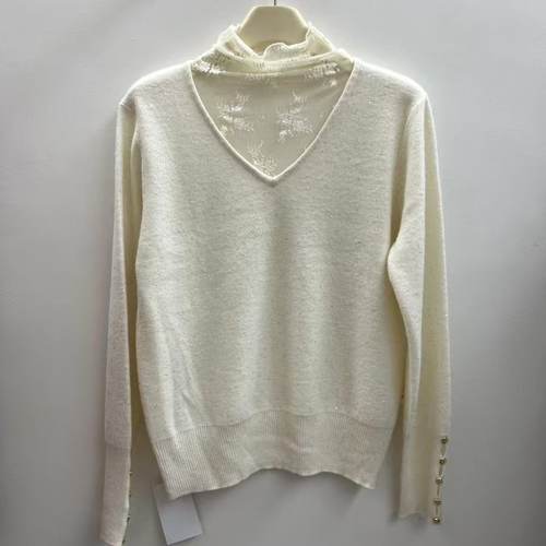 欧货2025秋冬新款设计感亮片V领拼蕾丝羊毛针织衫女羊绒打底毛衣