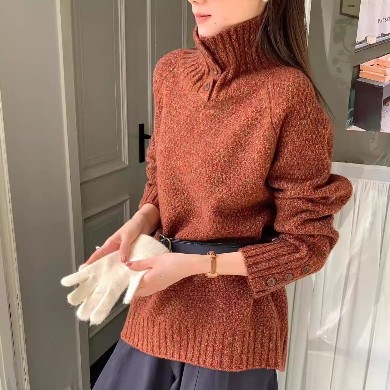 欧货高领宽松慵懒全羊毛针织衫女