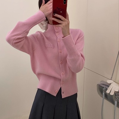 2025秋冬新款100%羊毛字母刺绣针织开衫女小个子纯色百搭加厚外套