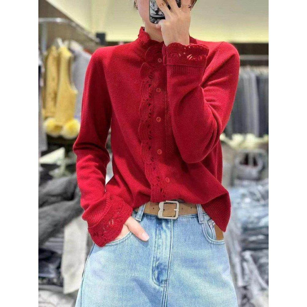 2026秋冬新款红色立领勾花镂空设计高级感100%羊毛针织开衫外套女,女装/女士精品,毛针织衫,淘宝优惠券,粉丝福利购,淘宝优惠卷
