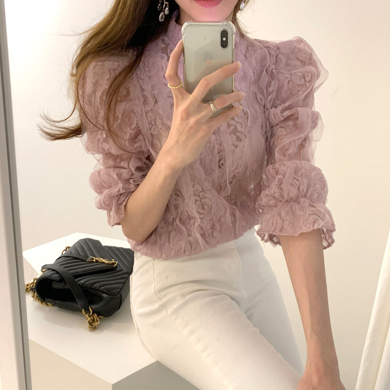 三小姐的咖啡很仙的网纱蕾丝衫2026新款秋装女立领泡泡袖衬衫上衣