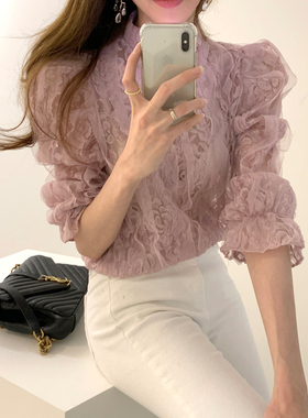 三小姐的咖啡很仙的网纱蕾丝衫2026新款秋装女立领泡泡袖衬衫上衣
