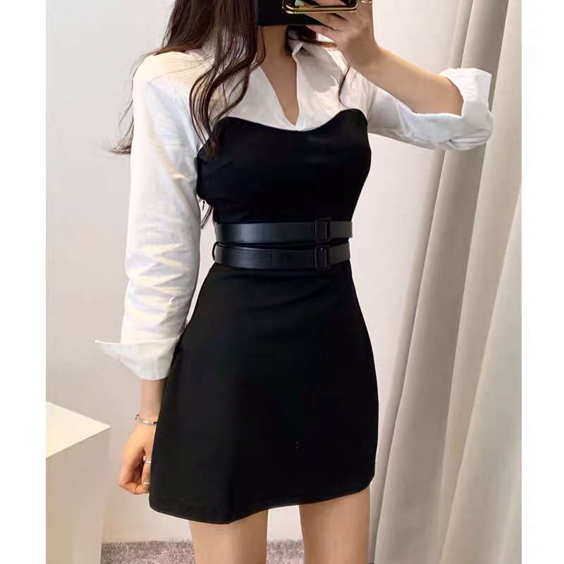 三小姐的咖啡小众假两件a字连衣裙2026早春秋女收腰显瘦v领衬衫裙