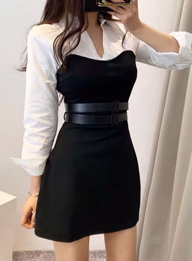 三小姐的咖啡小众假两件a字连衣裙2026早春秋女收腰显瘦v领衬衫裙