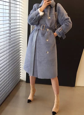 三小姐的咖啡赫本风网红仿水貂绒毛呢外套2026新款女冬中长款大衣