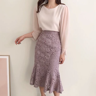 三小姐的咖啡鱼尾裙蕾丝镂空半身裙2026新款女夏中长款包臀裙高腰