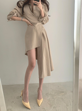 三小姐的咖啡韩国chic轻熟早秋不规则收腰显瘦中长款过膝连衣裙女