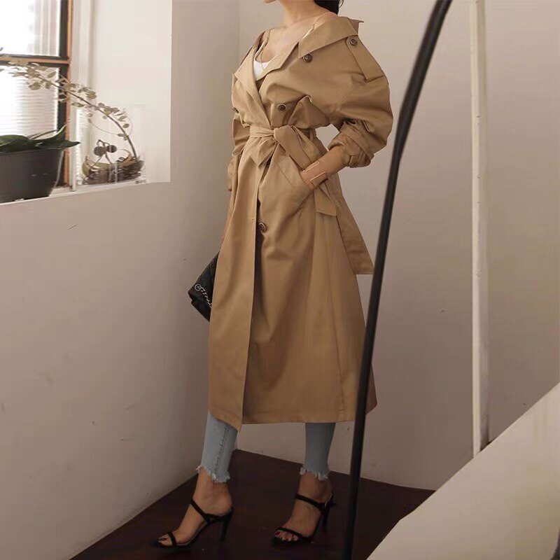 三小姐的咖啡卡其色风衣2026新款女春秋中长款韩版系带过膝外套