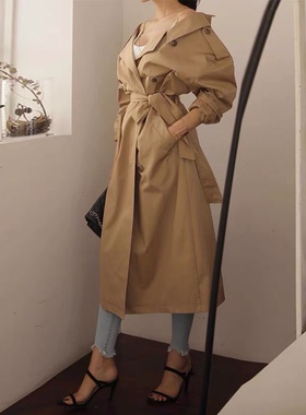 三小姐的咖啡卡其色风衣2026新款女春秋中长款韩版系带过膝外套