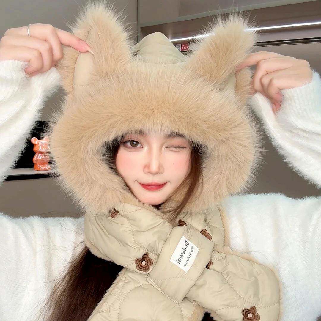 小狐狸耳朵毛绒帽子围巾一体女款冬天骑车保暖防寒加厚可爱护耳帽