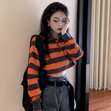 显瘦薄款 撞色条纹polo衫 长袖 短款 早秋女装 上衣T恤潮 2019新款 韩版