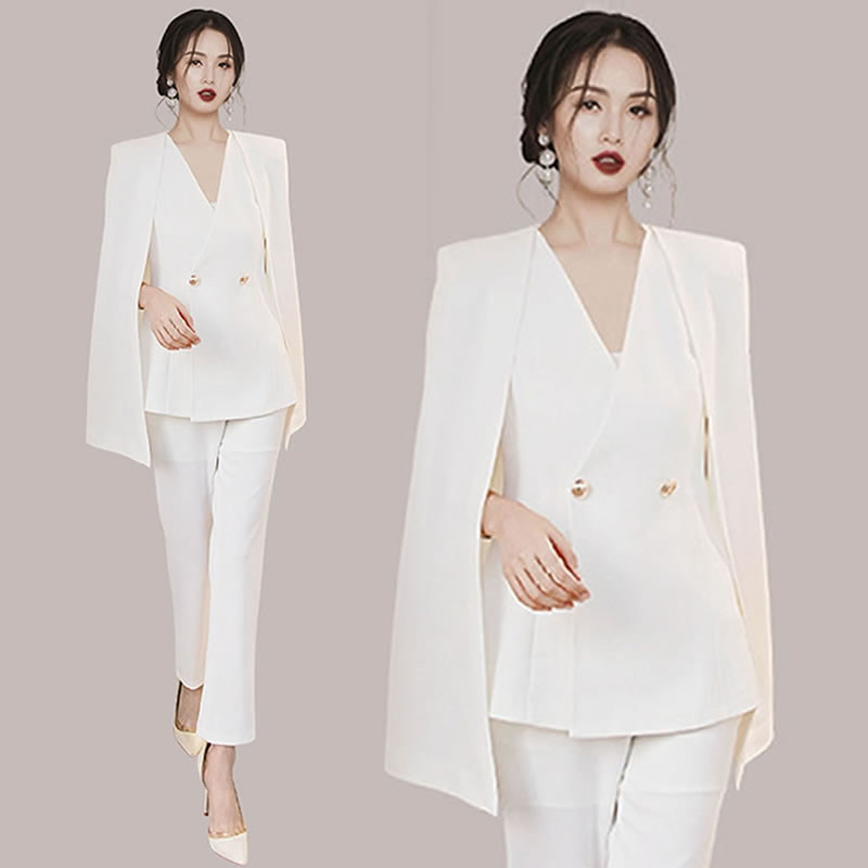 两件套女新款披风女装气质西装女潮v领披肩斗篷修身外套职业套装