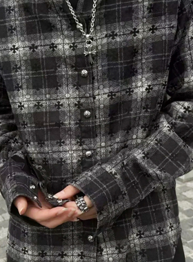 十字架贴皮满印暗纹格衬衫男2024秋款宽松高街衬衣外套情侣ins潮