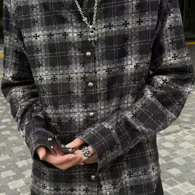 正确~十字架暗纹满印格纹衬衫