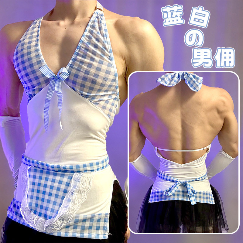 内衣诱惑可爱纯欲男仆套装性感蓝格睡裙套装蝴蝶结qqny男
