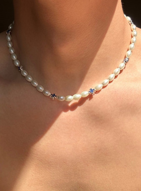 复古宫廷男蓝色十字架项链女小众设计高级感锁骨链