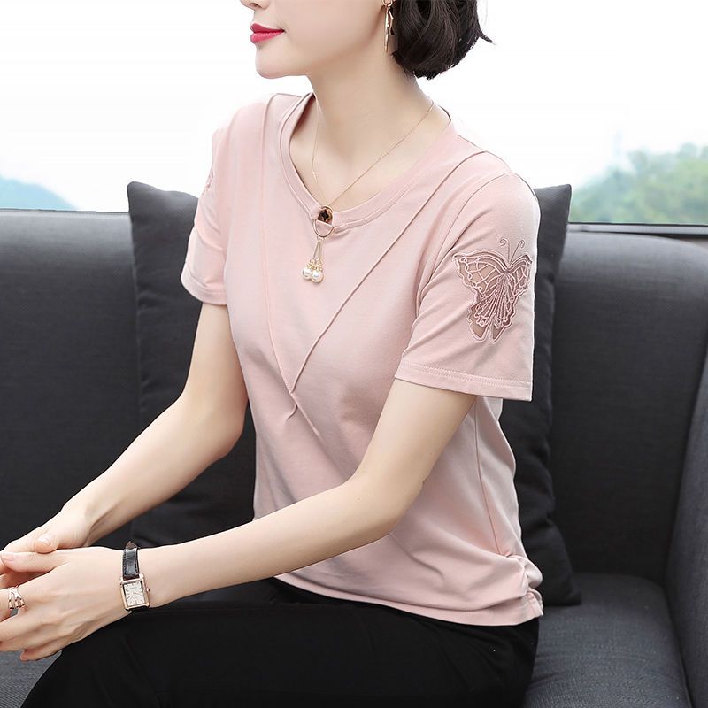 纯棉短袖女夏季洋气宽松2025夏装大码t恤衫中年妇女妈妈上衣小衫