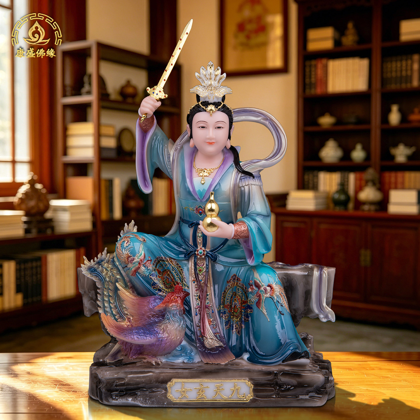 九天玄女坐款神像汉白玉彩绘九天圣母娘娘精美踏凤玄女雕像摆件