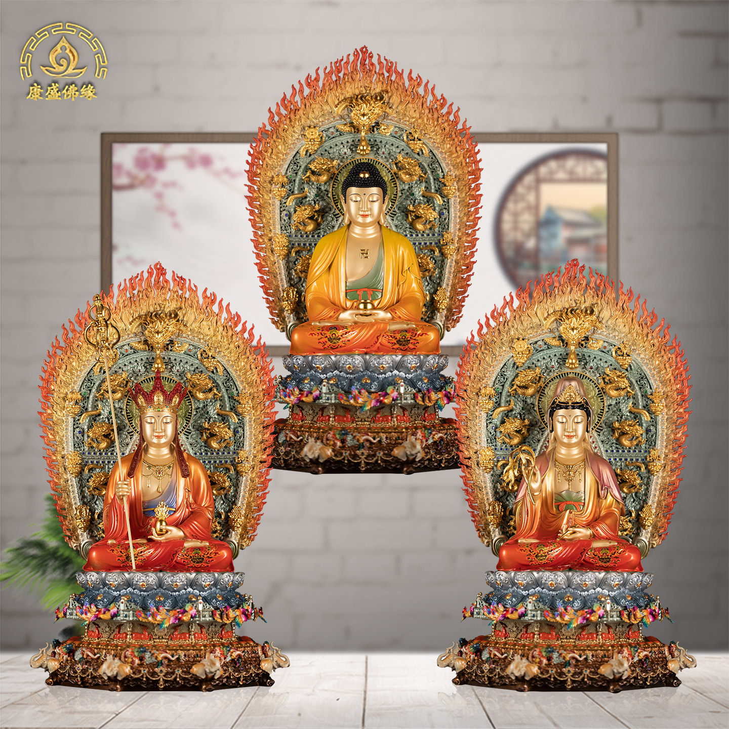 娑婆三圣神像铜精工彩绘供奉摆件家居堂口门厅庄严殊胜神佛祖观音