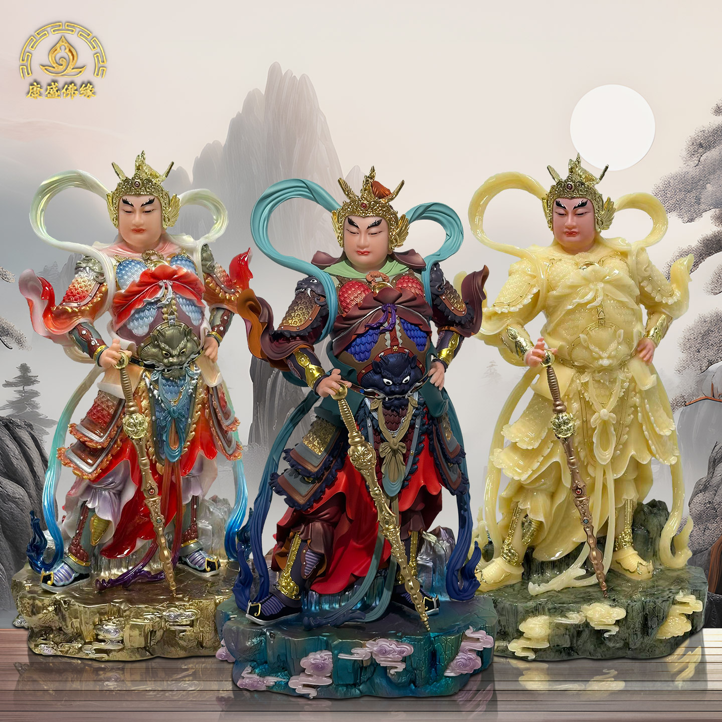 韦陀菩萨左右护法汉白玉伽蓝韦驮佛堂神像供奉关公神像家用摆件