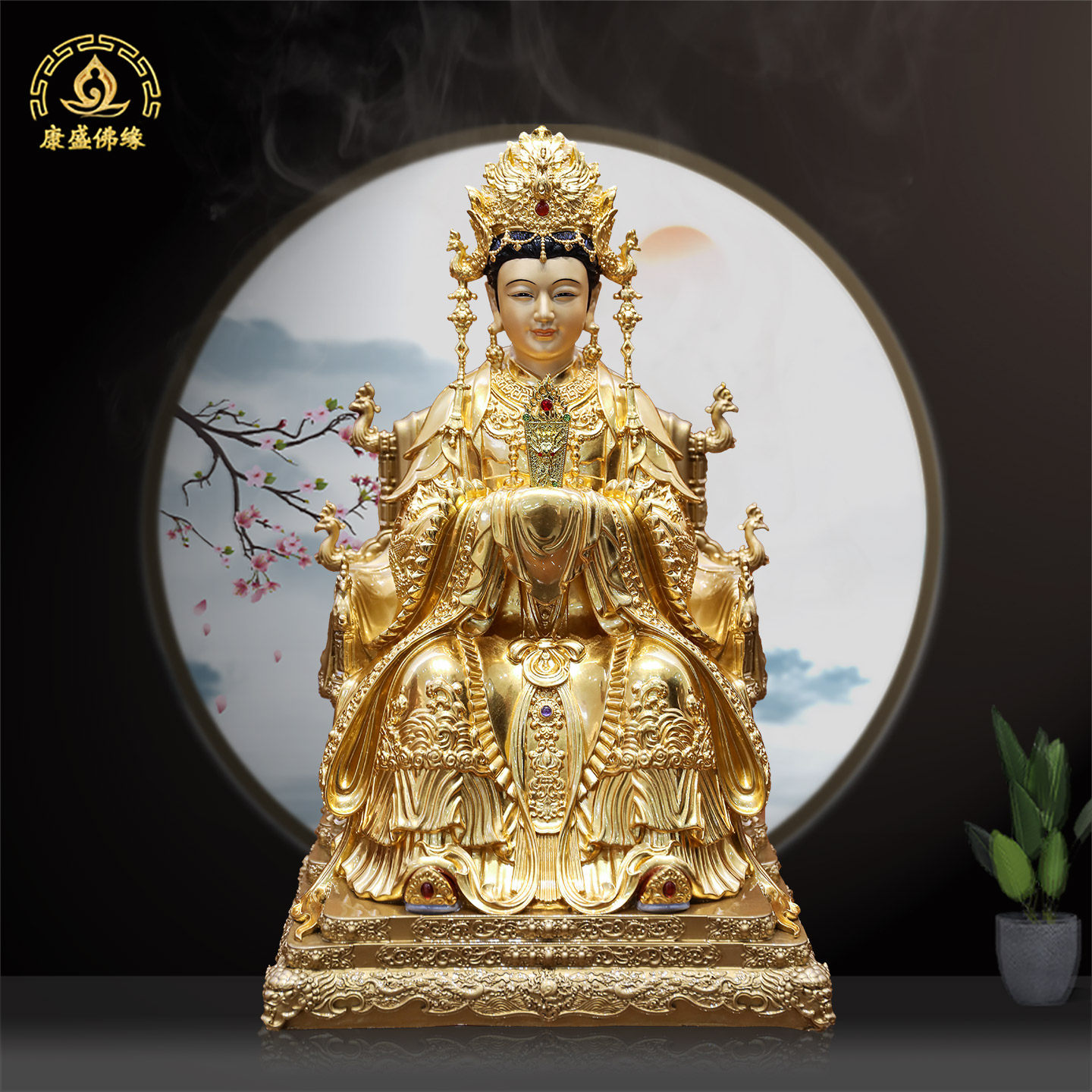 纯铜贴金碧霞元君供奉神像摆件