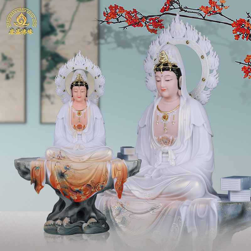 静思观音菩萨自在南海汉白玉供奉