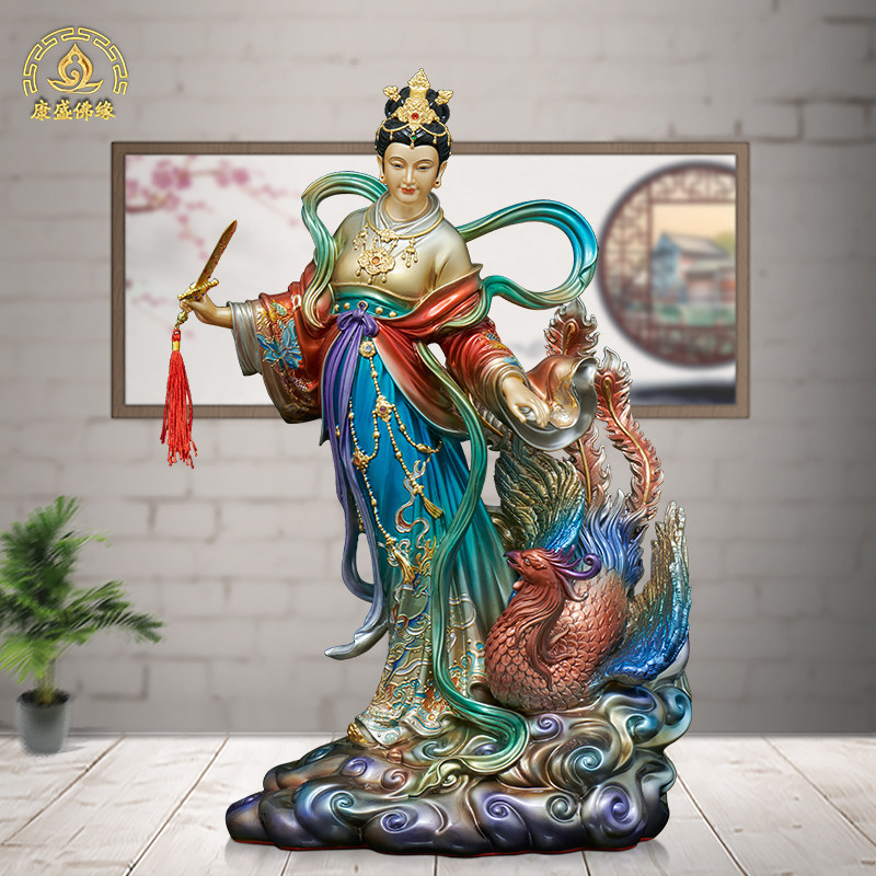 九天玄女神像彩绘铜像供奉摆件