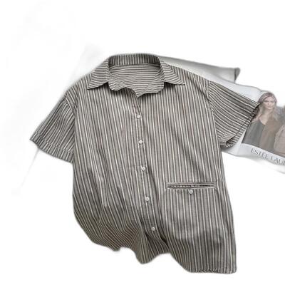 JMWOMEN 昔日灰调 复古竖条纹短袖衬衫女2026夏宽松下身失踪上衣