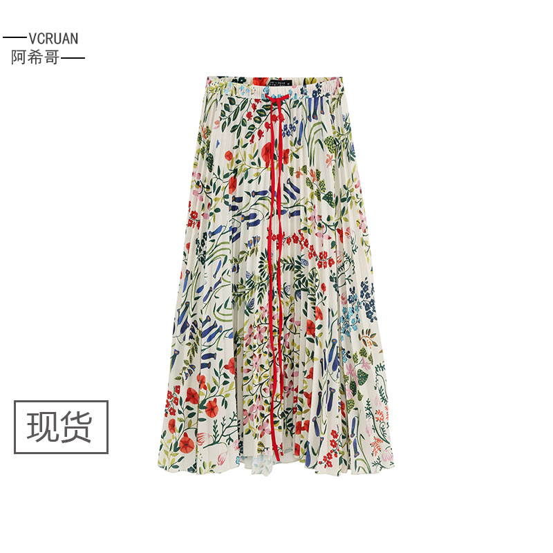 vcruan阿希哥同款半身裙夏女2018新款時尚碎花高腰長裙雪紡百褶裙